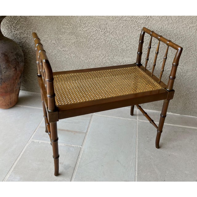 Baker Furniture Company Baker Furniture Circa 1970 Diminutive Chinese Chippendale Faux Bamboo & Cane Window / Entryway Bench For Sale - Image 4 of 12