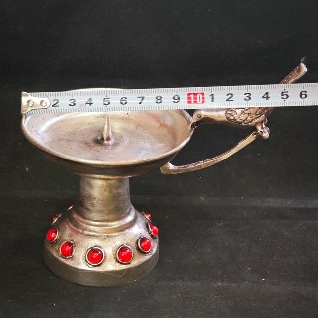 Late 20th Century Metal Bird-Handled Altar Candle Holder With Red Jewels For Sale - Image 5 of 10