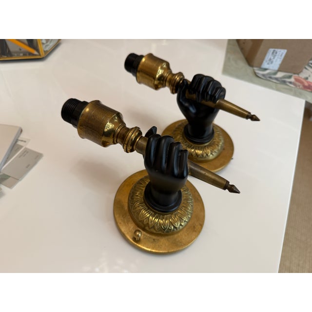 Art Deco 1930s Maison Charles French Brass Fist and Torch Wall Sconces - Set of 2 For Sale - Image 3 of 7