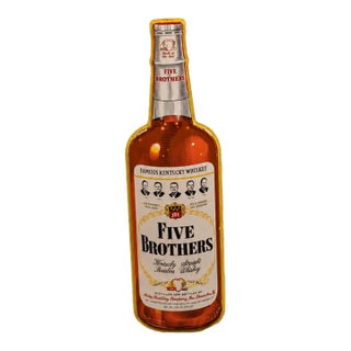 Vintage Oversized Five Brothers Bourbon Figural Bottle Tin Litho Advertising Sign For Sale