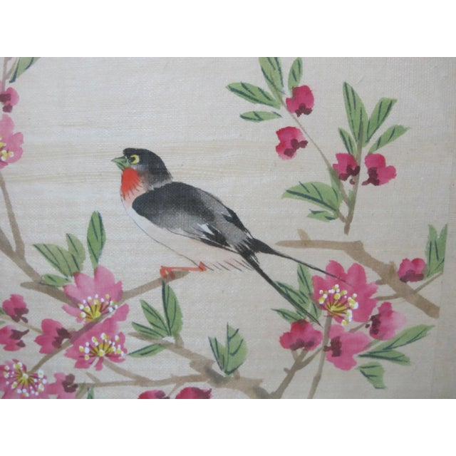 Chinese Chinese Cherry Flower Blossoms & 2 Birds on Branches Framed Painting on Cloth For Sale - Image 3 of 6