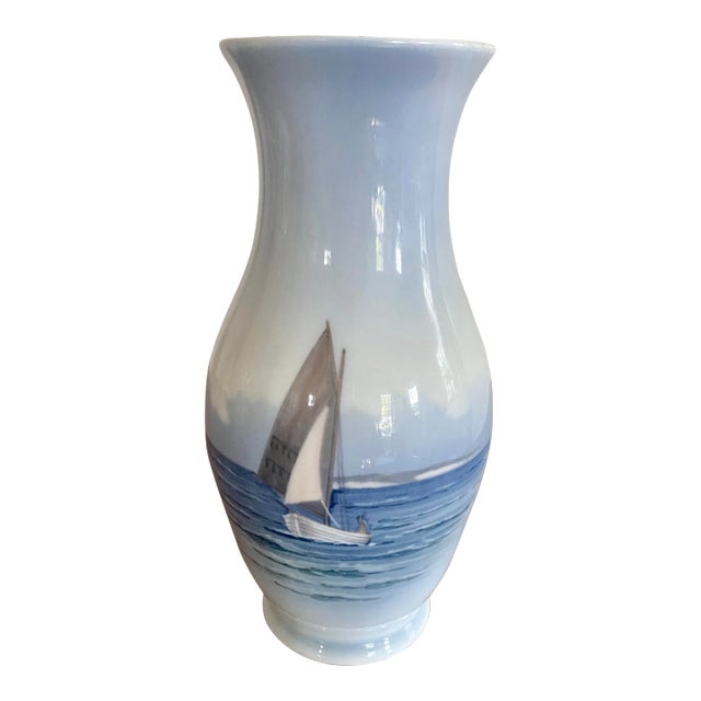 1960s Royal Copenhagen Denmark Hand Painted Sailboat Nautical Vase For Sale
