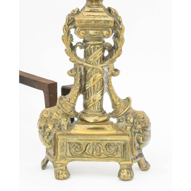 Early 20th Century French Empire Style Brass Chenets, Pair For Sale - Image 5 of 7