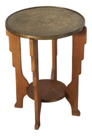 Art Deco Orientalist Gueridon Table with Embossed Brass Top, 1930s