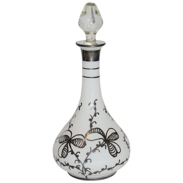 Early 20th Century Clear Over Opal Cased Glass Bottle With Silver Overlay For Sale