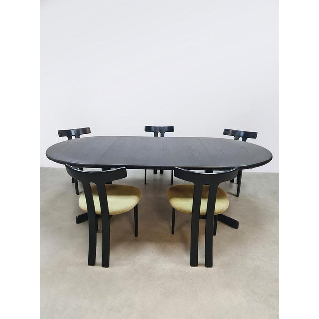 Mid-Century Extendable Dining Table and T-Shaped Chairs in Black Oak, 1970s, Set of 5 For Sale - Image 4 of 8