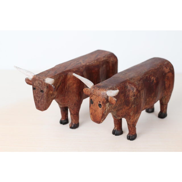 Mid-Century Folk Art Hand-Carved Wooden Bull Sculptures For Sale - Image 16 of 16