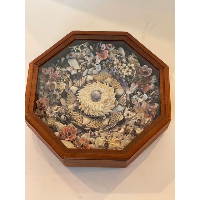 Vintage American folk art sea shell Sailors Valentines with central purple agate stone, original design with flowers and a...