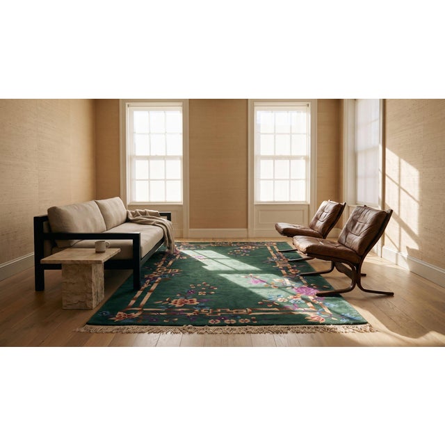 1920s Green Bamboo Floral Antique Chinese Art Deco Rug 4'2" X 7' Knotted Wool Carpet For Sale - Image 17 of 18