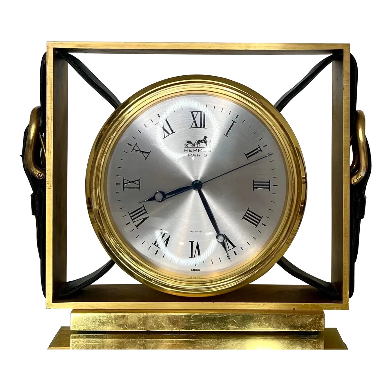 Hermès Gilt Brass & Leather Table or Mantle Clock, 1960’s. Chairish