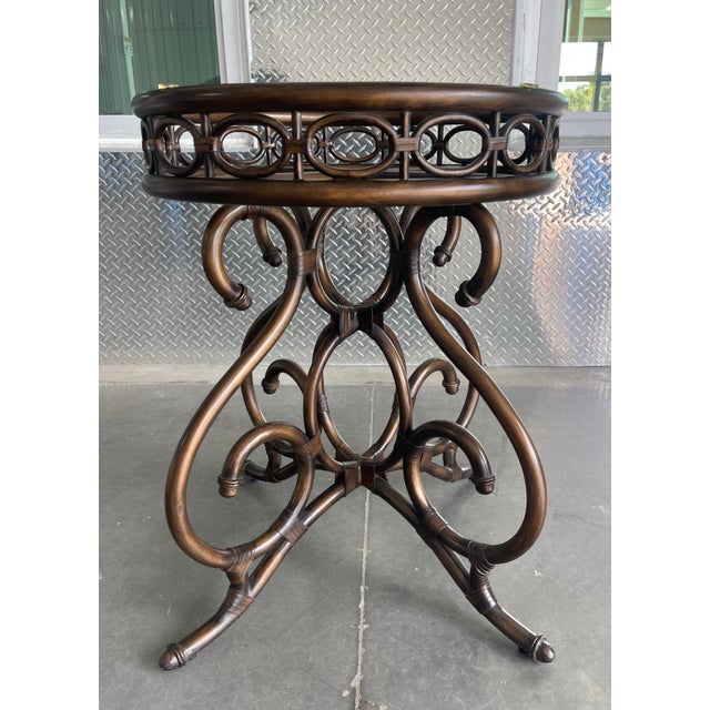 Campaign Vintage Lexington Tommy Bahama Landara Leather Wrapped Metal Bistro Table W/ 42” Glass Top For Sale - Image 3 of 8