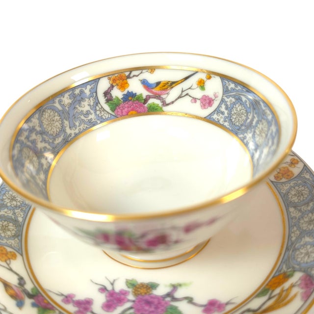 Vintage Lenox Ming P-16 Bird and Floral Footed Teacups and Saucers Set of 2 - 4 pcs For Sale - Image 10 of 16
