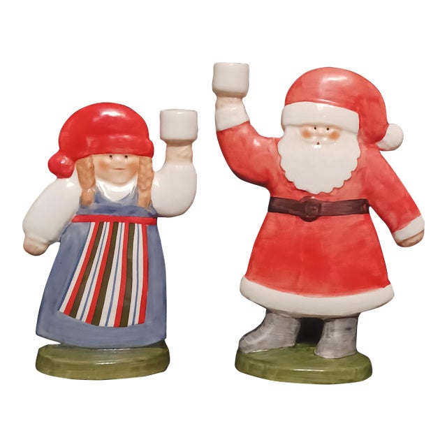 Vintage 1987 Lisa Larson for Goebel Santa & Mrs. Claus Porcelain Candleholder Pair For Sale