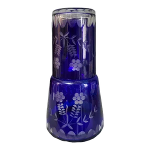 Vintage "Tumble Up" Bohemian Cut to Clear Cobalt Blue Bedside Carafe Decanter & Tumbler