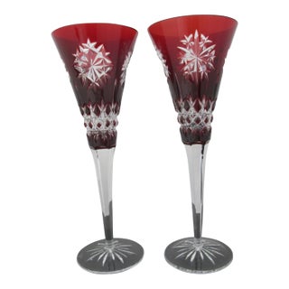 Waterford Red Snowflake Crystals 9 3/8" Fluted Champagne Glass Set of 2 For Sale