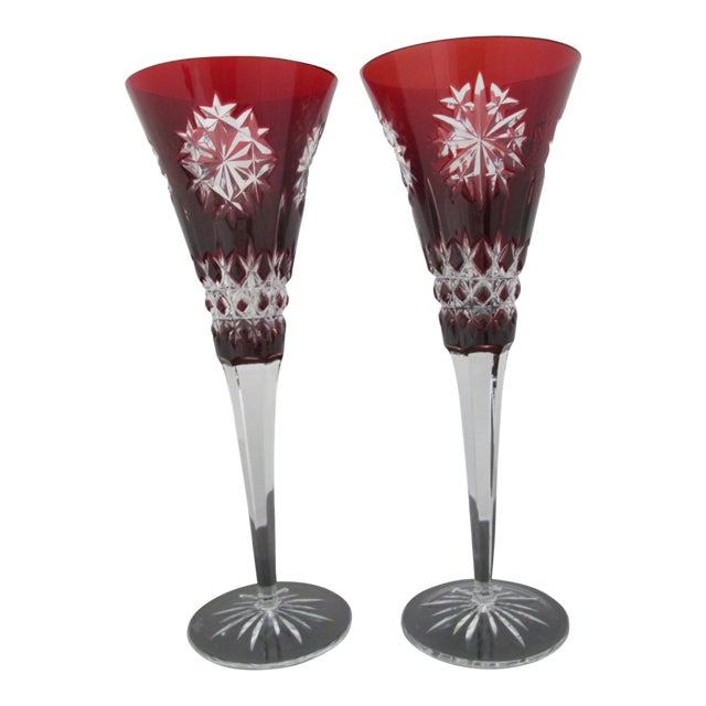 Waterford Red Snowflake Crystals 9 3/8" Fluted Champagne Glass Set of 2 For Sale