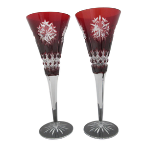 Waterford Red Snowflake Crystals 9 3/8" Fluted Champagne Glass Set of 2