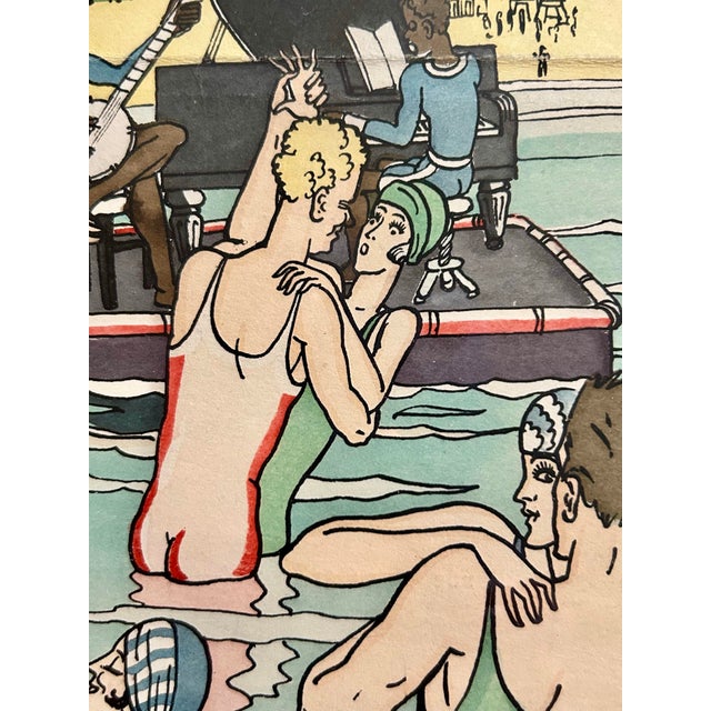 Printmaking Materials Robert Dansler French Art Deco Illustrator Framed Beach Scene For Sale - Image 7 of 10