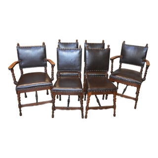Late 19th Century English Oak Barley Twist Leather Dining Chairs Carved Animals Finials For Sale