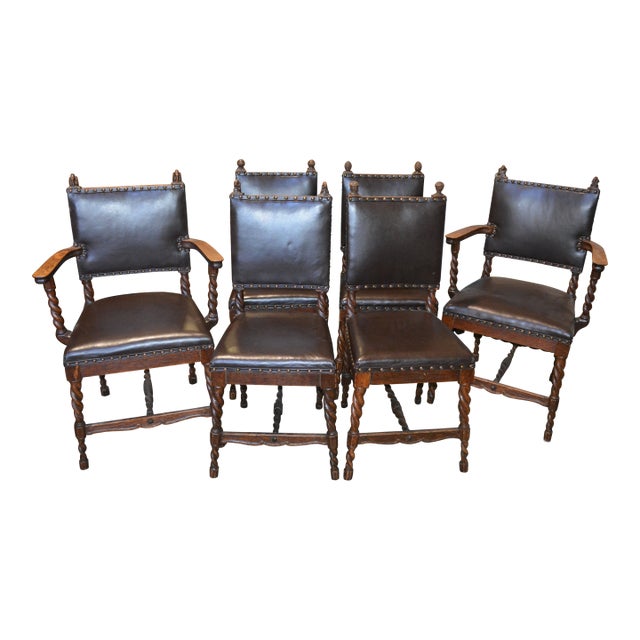 Late 19th Century English Oak Barley Twist Leather Dining Chairs Carved Animals Finials For Sale
