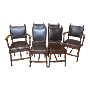 Late 19th Century English Oak Barley Twist Leather Dining Chairs Carved Animals Finials