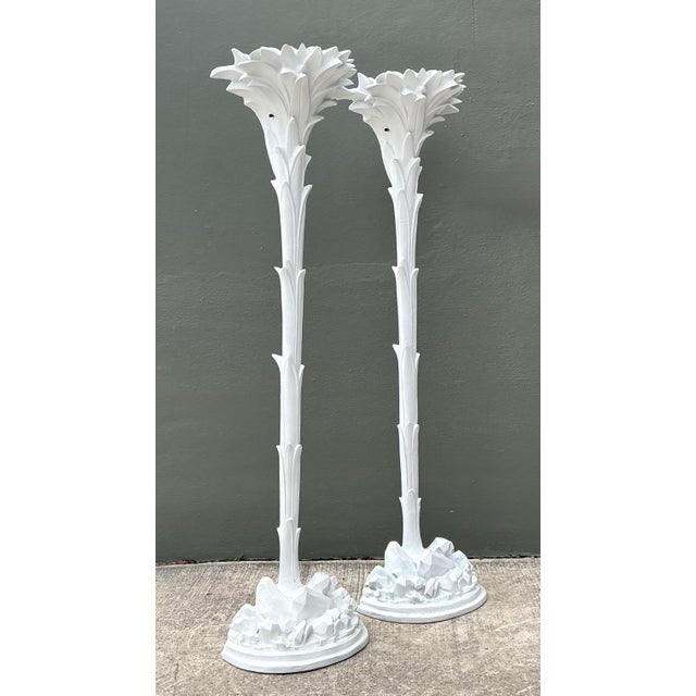 Vintage Regency Cast Plaster Palm Torchere Lamps After Serge Roche - a Pair For Sale - Image 9 of 12