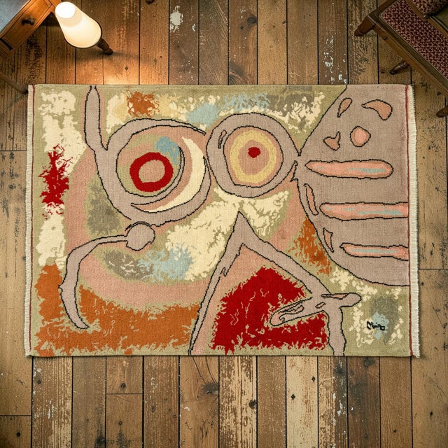 Vintage French Gobelin Mid-Century Joan Miro Art “Woman and Birds” Area Rug 3′7″ X 5′8″ For Sale - Image 4 of 18