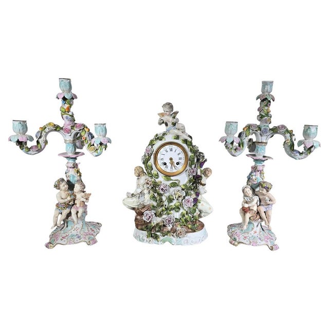 Antique German Porcelain Clock Garniture Set with Candelabra, 1890, Set of 3 For Sale - Image 15 of 15