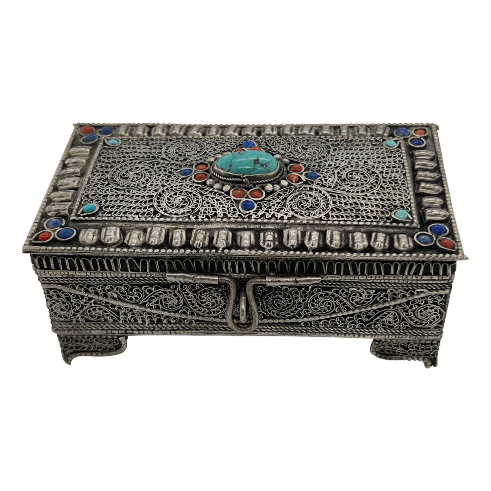 Antique Silver Filigree Box With Turquoise Coral and Lapis | Chairish