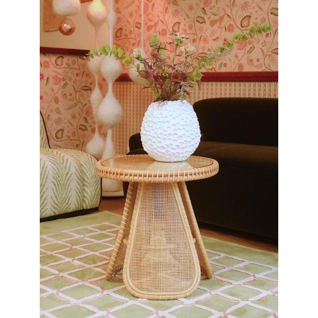 Portofino side table in natural stained rattan and glass by popus editions. Dimensions: ⌀ 50 x h 52 cm. Materials: tinted...