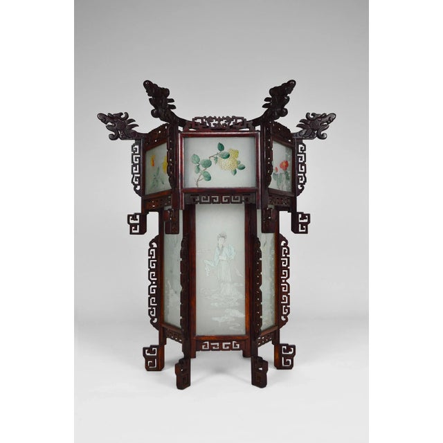 Boho Chic Large Antique Asian Carved Wood Lantern with Dragons & Painted Glass Panels, 1900s For Sale - Image 3 of 18
