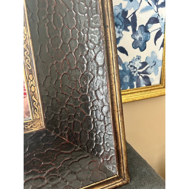 Wood 19th Century Beveled Fireplace Mirror, Framed in Heavy Wood Embossed With Leather and Thinly Gilded. For Sale - Image 7 of 8