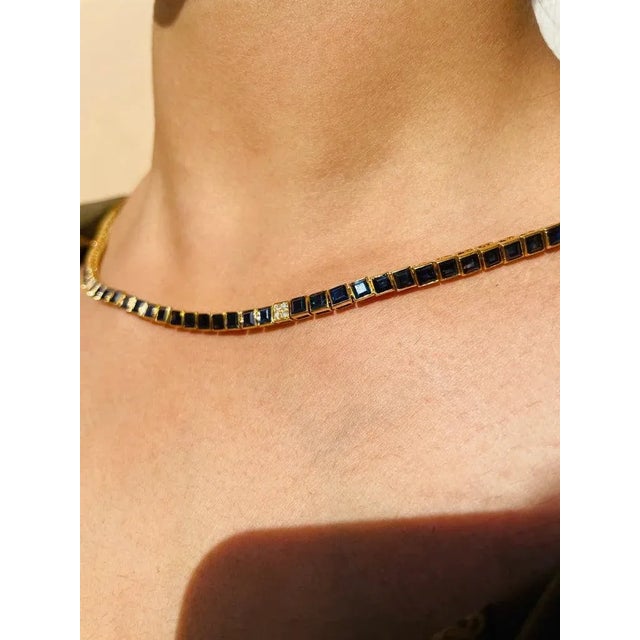 Not Yet Made - Made To Order 15.5 Carat Square Cut Blue Sapphire Tennis Necklace in 18k Solid Gold For Sale - Image 5 of 11