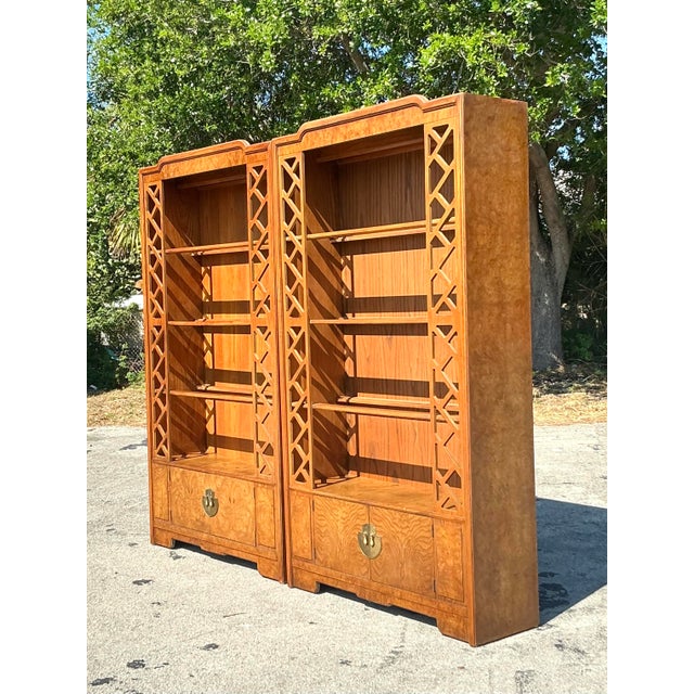 Add a touch of timeless sophistication to your space with this stunning pair of vintage boho Thomasville burl fretwork...