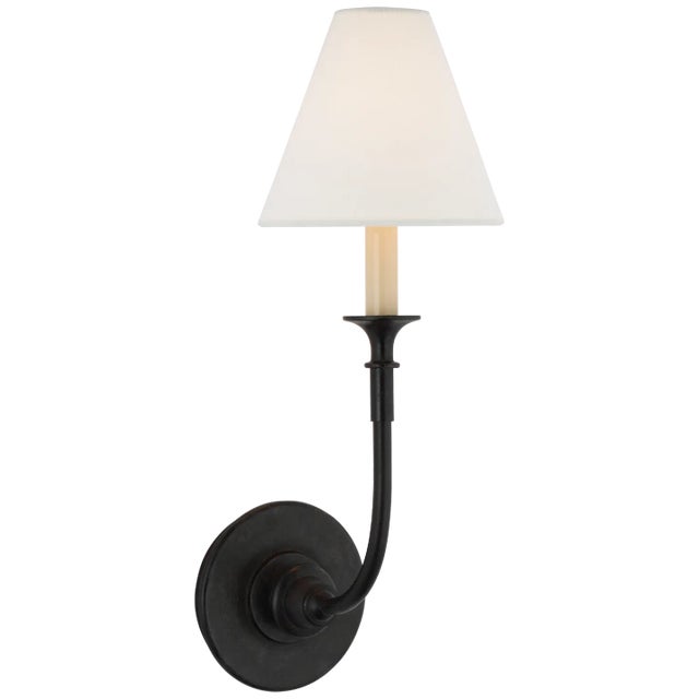 Piaf Single Sconce in Aged Iron with Linen Shade Designer: Thomas O'Brien Height: 18.75" Extension: 9.25" Backplate: 4.75"...