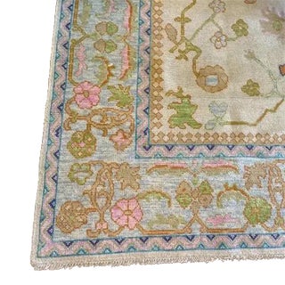 Modern Handknotted Oushak Rug in Bold Pink, Green & Orange with Blue Border, 6' x 9' For Sale