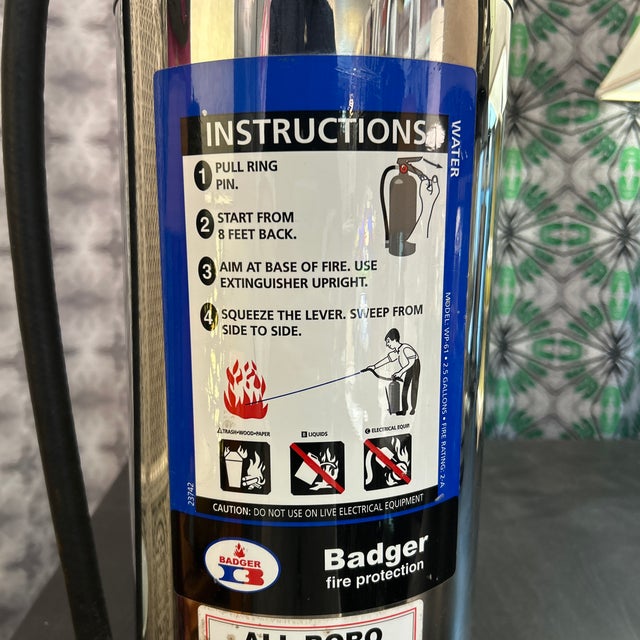 Metal Chrome Repurposed Fire Extinguisher Lamp With Custom White Flare Shade For Sale - Image 7 of 8