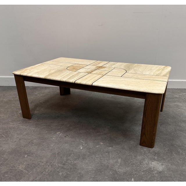 Travertine Coffee Table with Sculptural Top and Oak Base, 1970s For Sale - Image 12 of 15