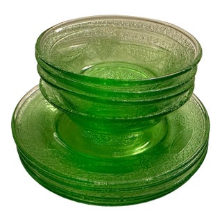 Federal Glass Georgian Lovebirds Dessert Bowls & Plates-Set of 8 For Sale