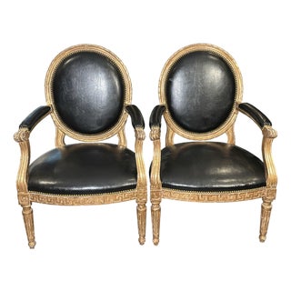 Set of 2 - 18th Century Original French Leather Upholstered Chair For Sale