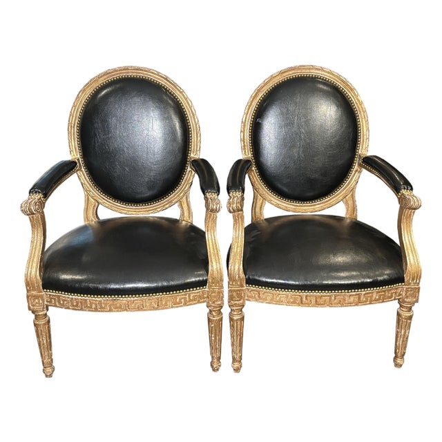 Set of 2 - 18th Century Original French Leather Upholstered Chair For Sale