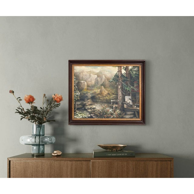 Lovely landscape painting oil on canvas panel. Cooper Union Supply School label on verso. Framed without glass.