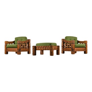 Green Rustic Modern Solid Knotty Pine Lounge Chairs & Ottoman Set by Null For Sale