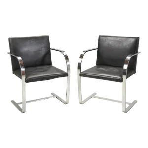 Pair of Mies Van Der Rohe Brno Flat Bar Black Leather Chairs C1960's Unrestored