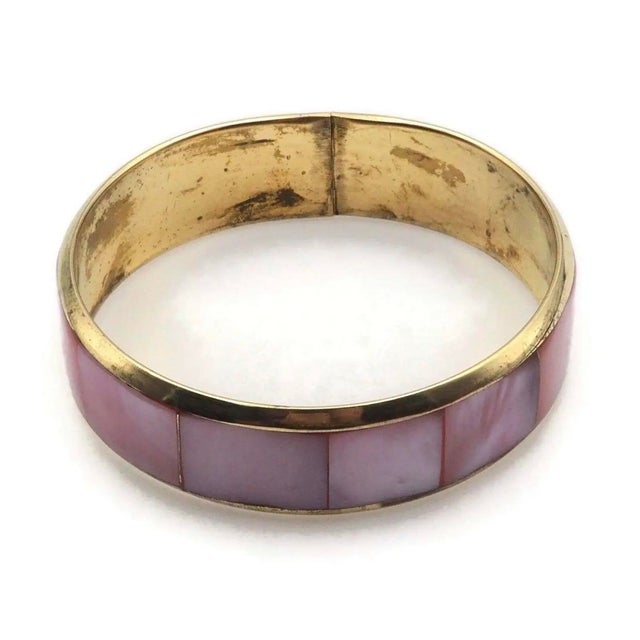 Vintage Pink Mother of Pearl and Gold Bangle For Sale - Image 4 of 8