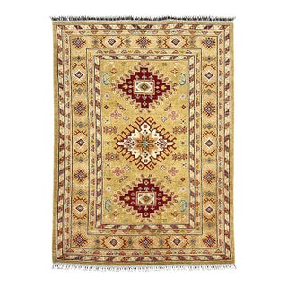 Golden Beige Kazak Tribal Wool Rug With Three Medallions, 4'2" X 5'9" For Sale