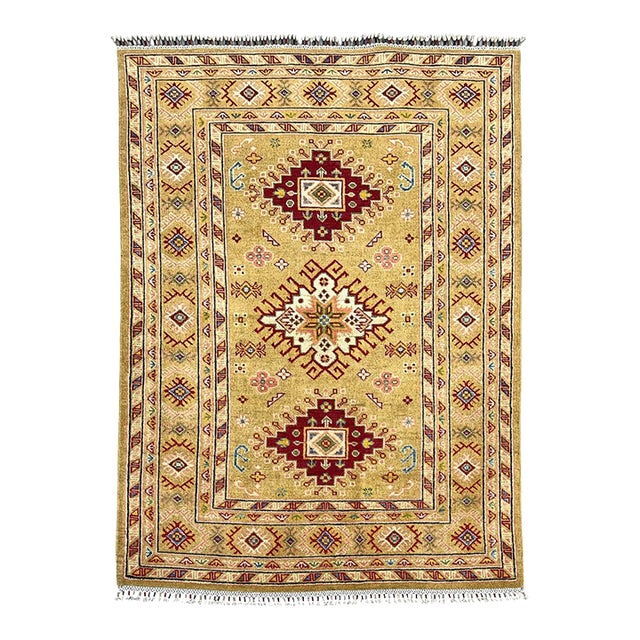 Golden Beige Kazak Tribal Wool Rug With Three Medallions, 4'2" X 5'9" For Sale