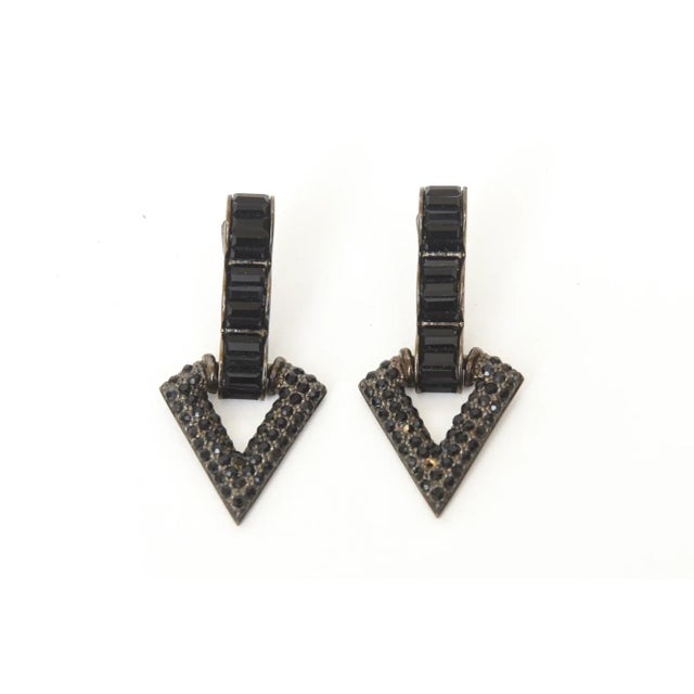 Metal Vintage DIva Hallmarked Black Rhinestone Clip on Earrings 80's Pair Of For Sale - Image 7 of 11