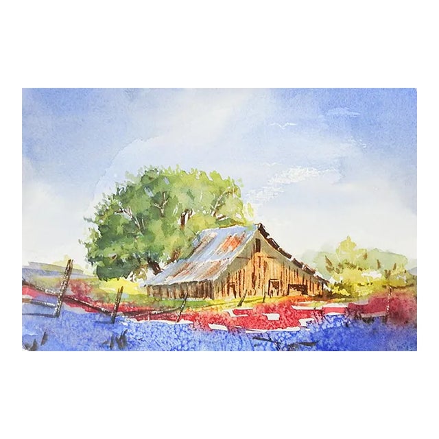 Small Late 20th Century Rustic Barn and Bluebonnet Landscape Watercolor Painting For Sale