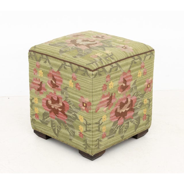 George Smith Style Kilim Upholstered Ottoman, floral designs with brass nail trim. 19" H x 18" W x 18" D. Provenance: From...